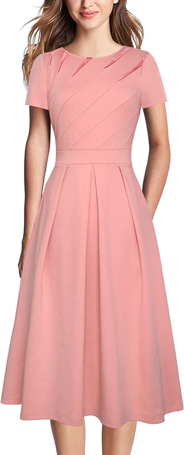 Womens Elegant Crew Neck Patchwork Pleated Work Business Office Casual Dress