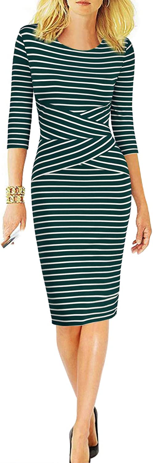 Women 3/4 Sleeve Striped Wear to Work Business Cocktail Pencil Dress