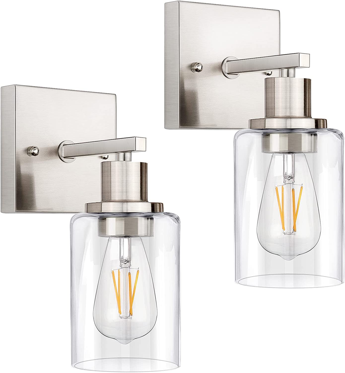 Sconces Set of 2, Brushed Nickel Sconces Wall Lighting, Modern Bathroom Vanity Light Fixtures, Farmhouse Metal Wall Lamp with Clear Glass Shade, Wall Mount Lights for Mirror Bedroom Hallway