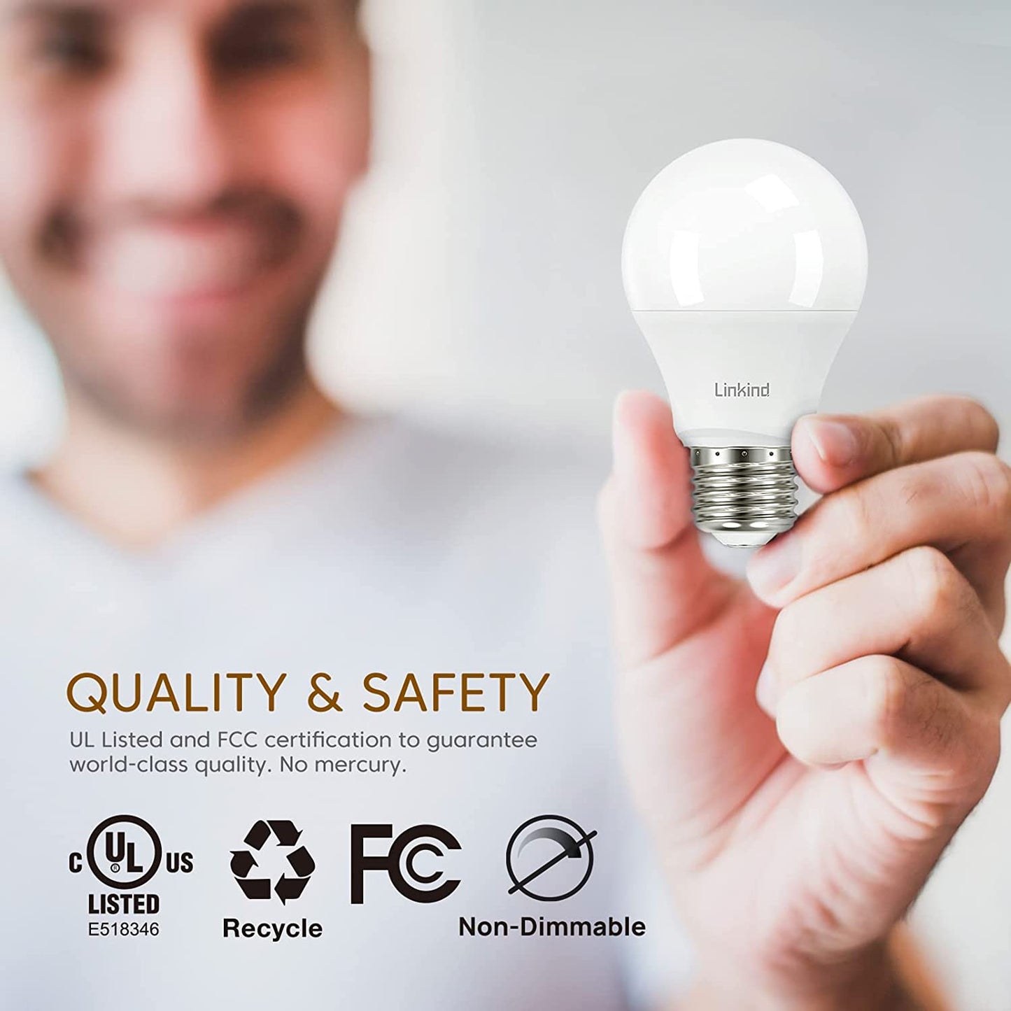 60W Equivalent, Linkind A19 LED Light Bulb, 9W 2700K Soft White, 800 Lumens, E26 Base Non-Dimmable LED Light Bulb, Standard Replacement, UL Listed, 6-Pack