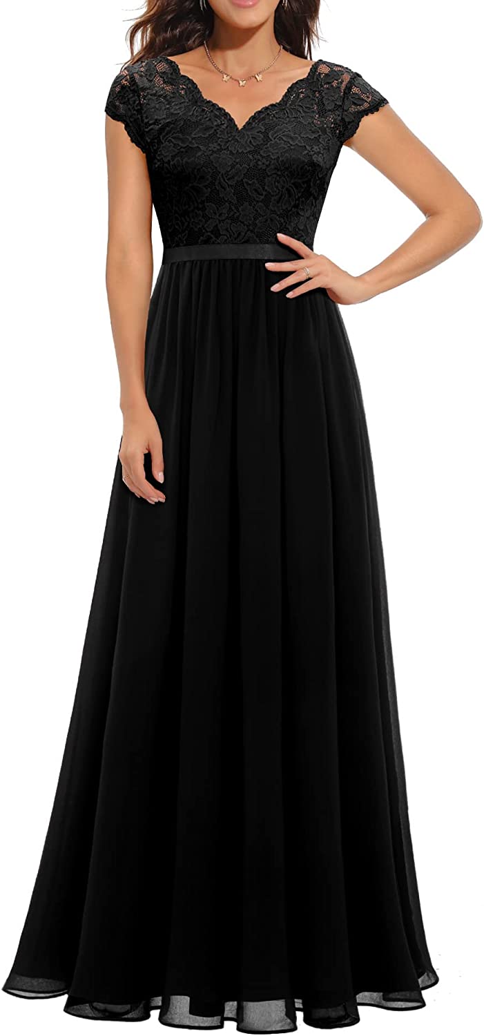 Women's Formal Floral Lace Maxi Dress Evening Party Elegant V-Neck Dresses for Wedding Guest