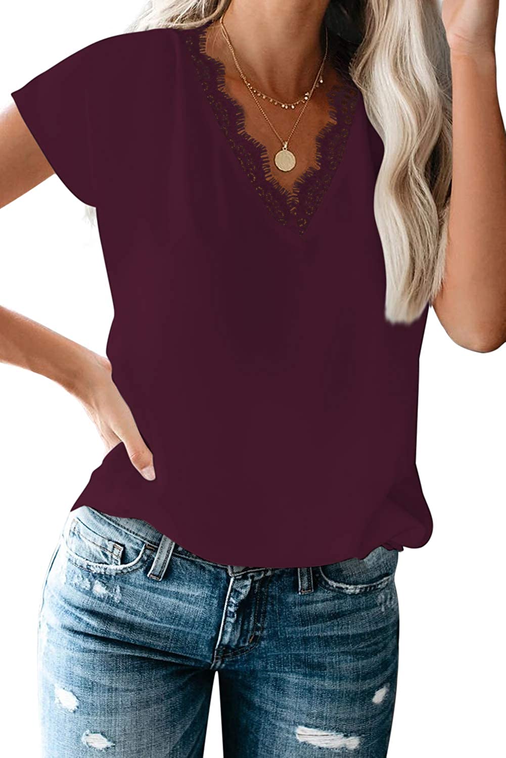Dressy Lace Trim Blouse Tops Popular Short Sleeve Shirt