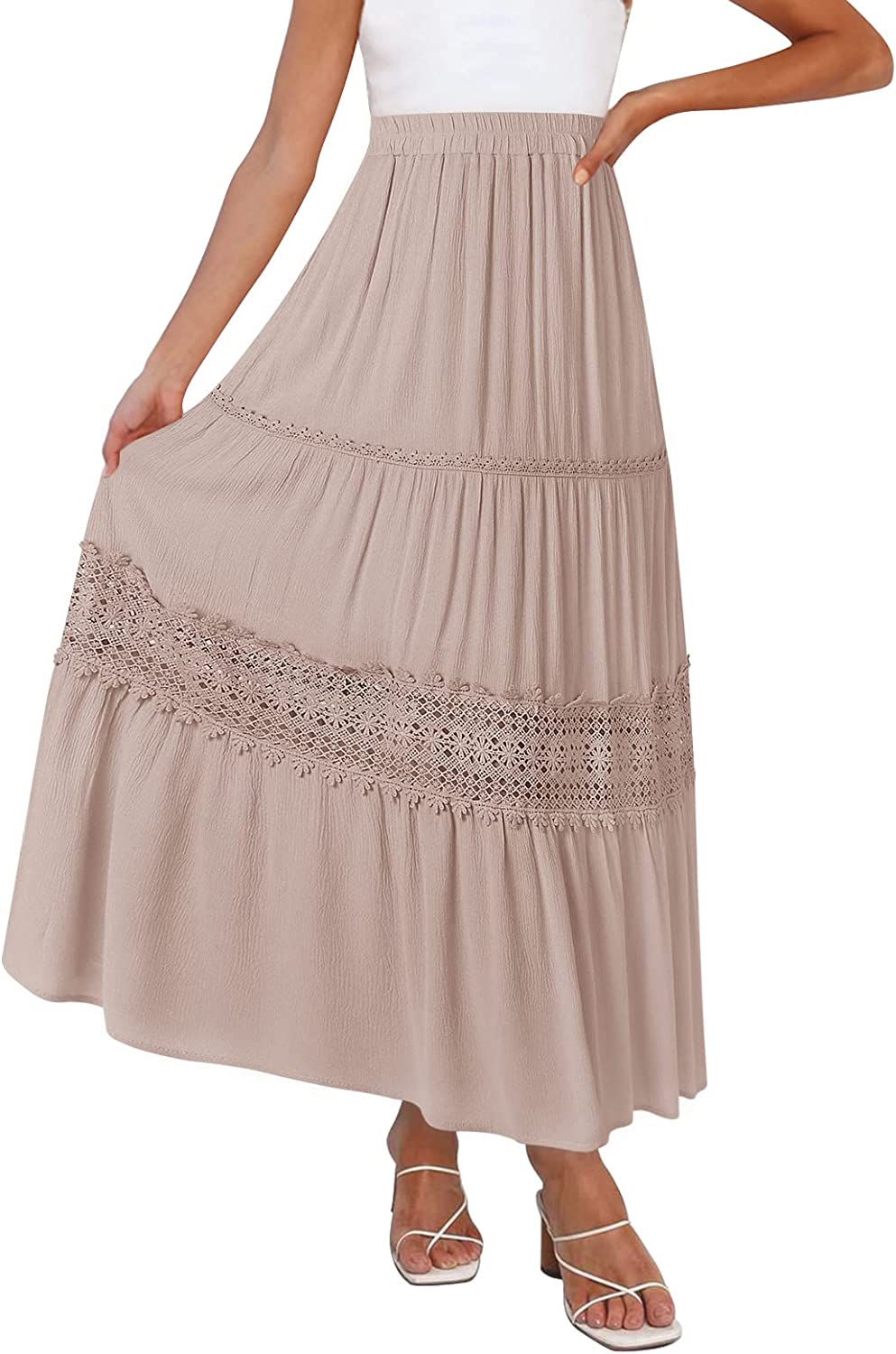 Women's Boho Elastic High Waist Pleated A-line Ruffle Lace Trim Tiered Midi Maxi Skirt with Pockets