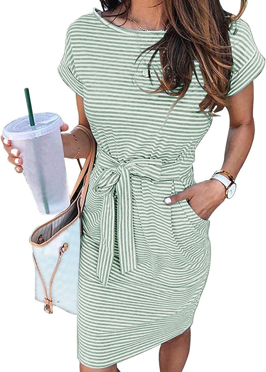 Women's Summer Striped Short Sleeve T Shirt Dress Casual Tie Waist Midi Dress