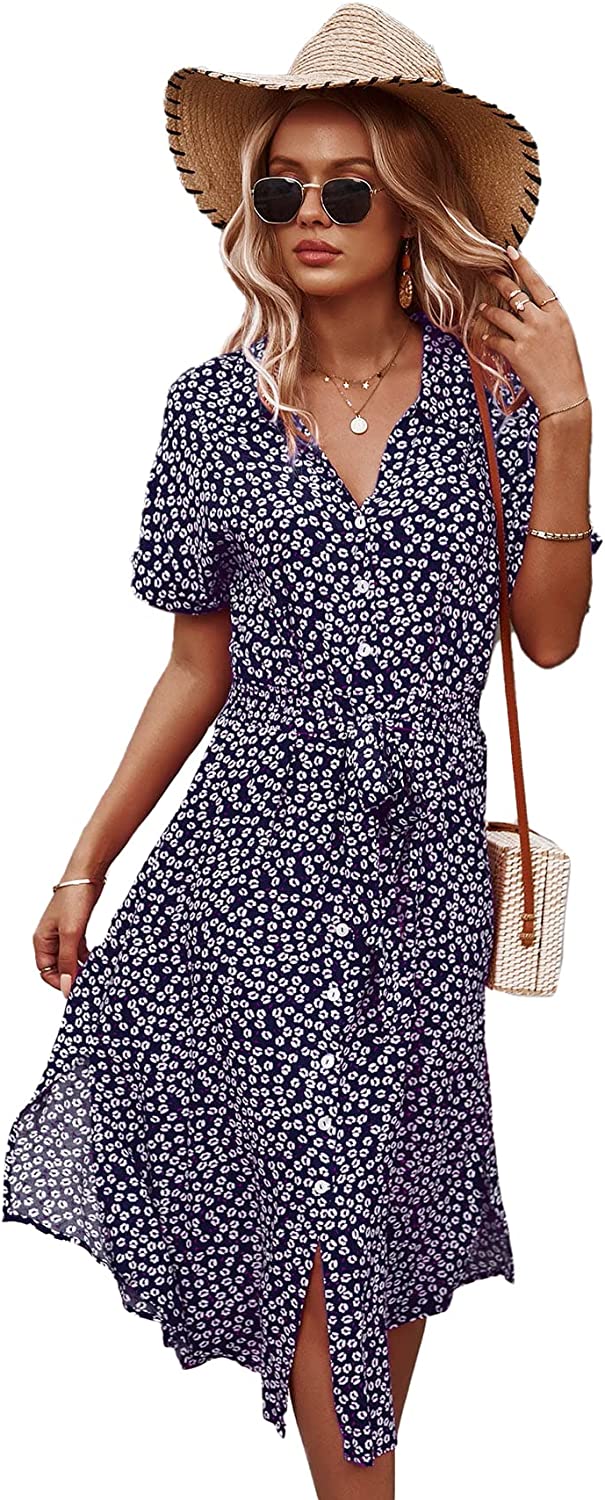 Womens Summer Dress Casual Ditsy Floral Tie Front Button Up Boho Midi Tshirt Dresses