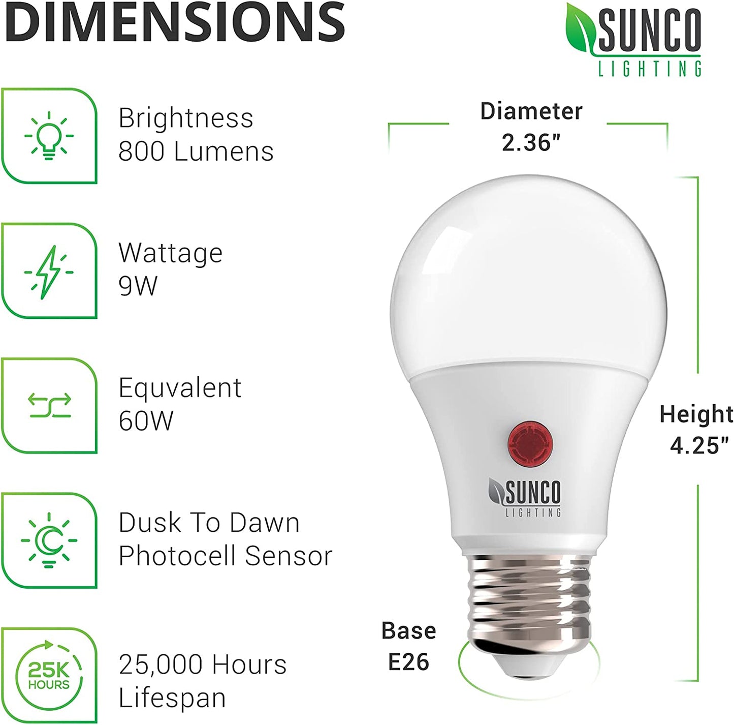 Lighting Dusk to Dawn Light Bulbs Outdoor Light Sensing Bulb Photocell, A19 LED 60W Equivalent 9W, 800 LM, E26 Medium Base, 2700K Soft White, Automatic On/Off Sensor, UL Energy Star 6 Pack