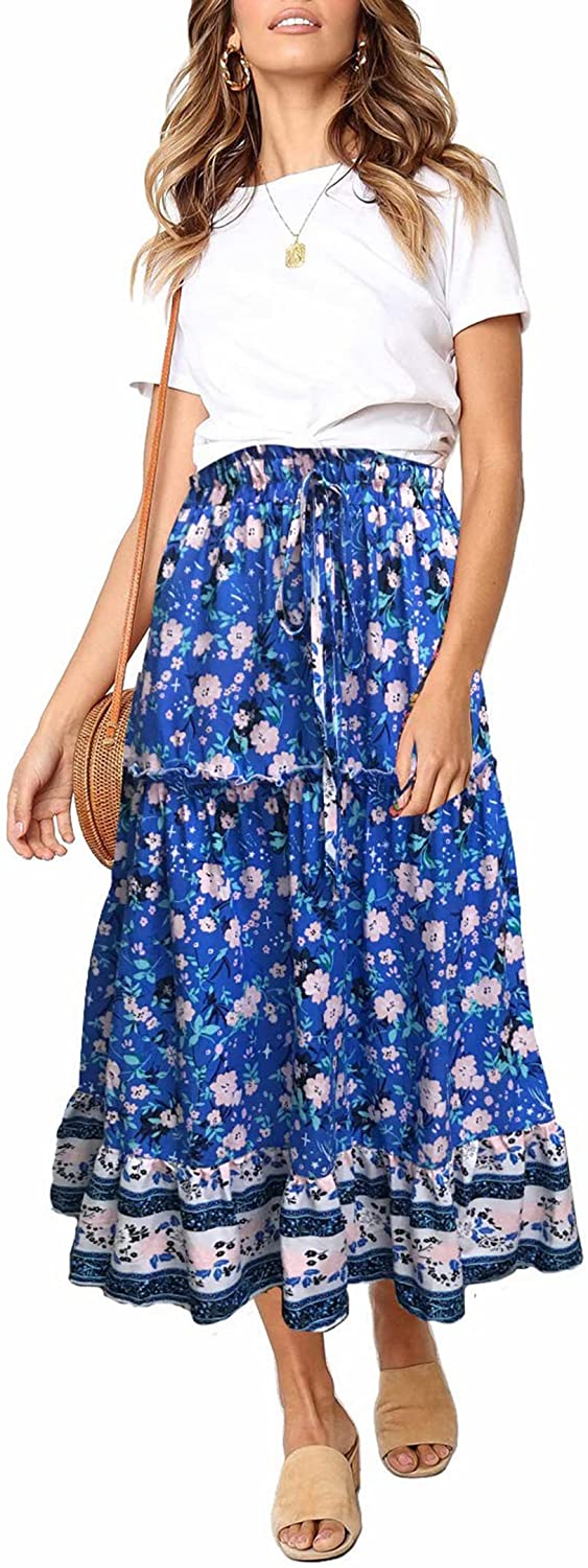 Women's Skirts Boho Floral Printed Elastic High Waist A Line Maxi Skirt with Pockets