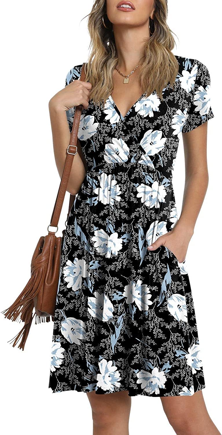 Summer Women's V Neck Dress, Printed Short Sleeve Neck Dress, Casual Loose Floral Beach Dress, Swing A-Line Dresses