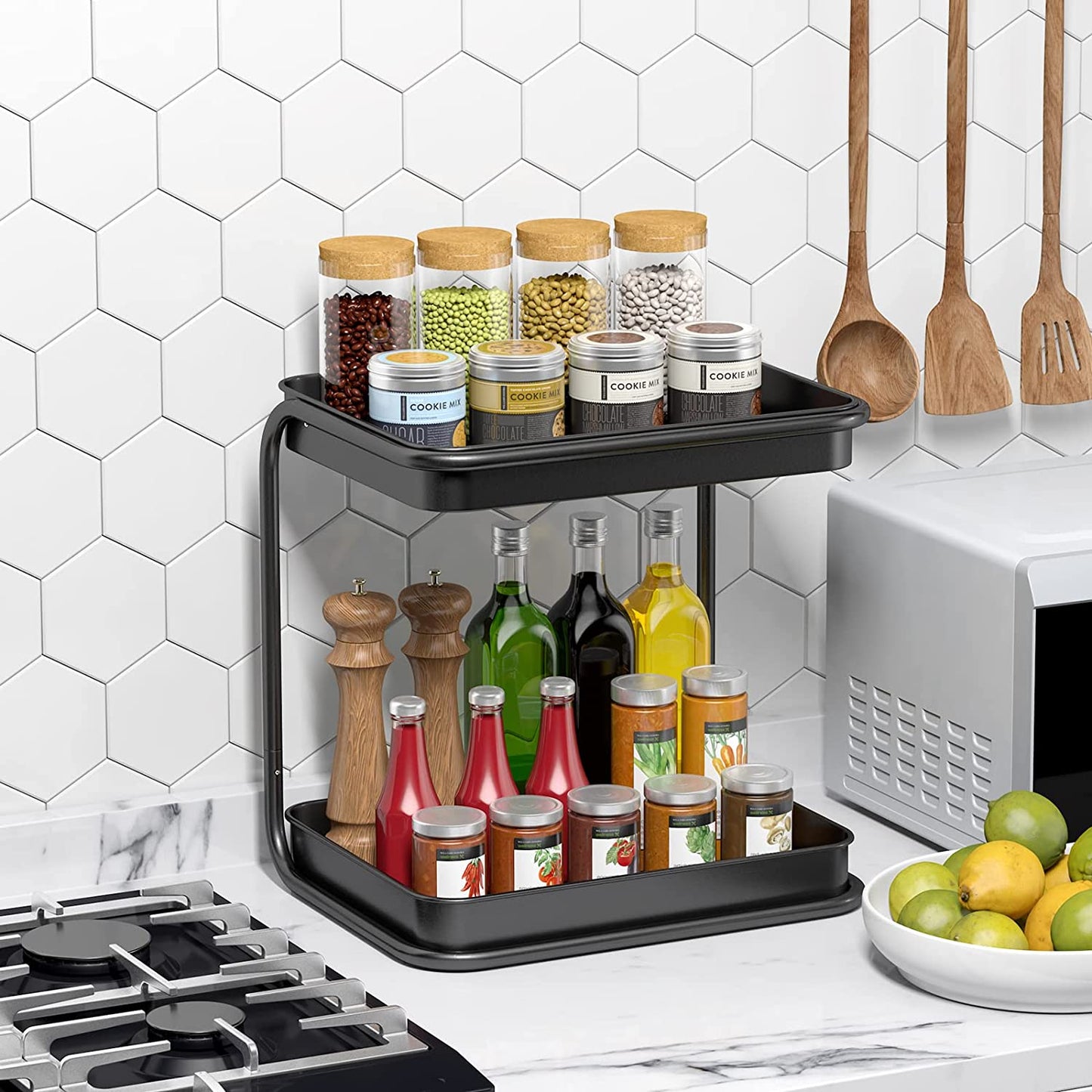 2 Tier Spice Rack Organizer, HEROPIE Bathroom Counter Organizer, Desktop Makeup Organizer, Small Storage Rack for Kitchen, Kitchen Spice Rack, Bath Room, Bedroom and Office