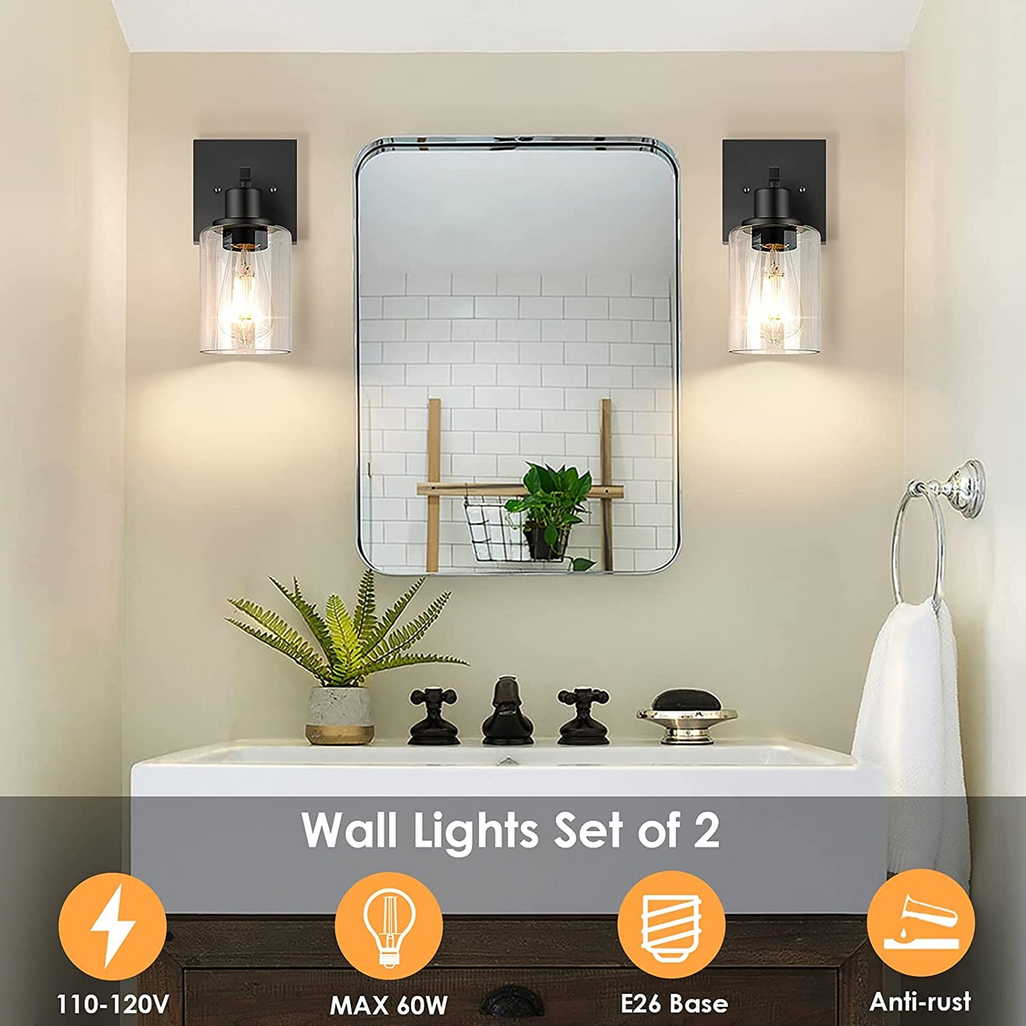 Sconces Set of 2, Matte Black Vanity Lights for Bathroom, Modern Wall Light Fixtures, Metal Sconces Wall Lighting with Clear Glass Shade, Farmhouse Wall Lamp for Bedroom Mirror Living Room