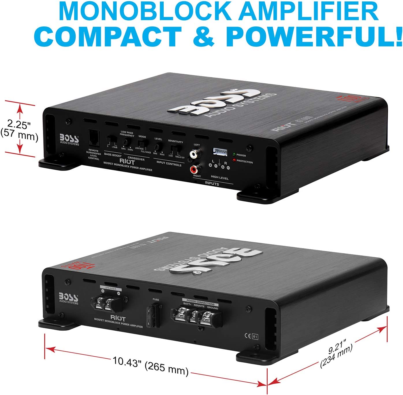 R1100M Riot Series Car Audio Subwoofer Amplifier - 1100 High Output, Monoblock, Class A/B, 2/4 Ohm Stable, Low/High Level Inputs, Low Pass Crossover, Mosfet Power Supply, Stereo