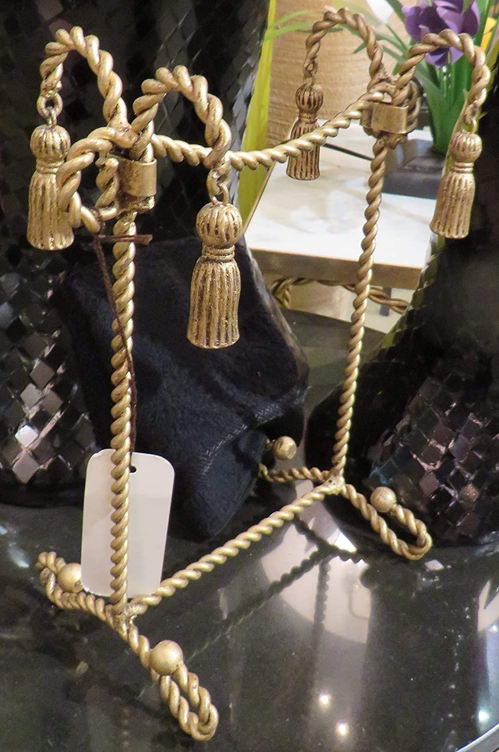 Luxe Gold Iron Hand Towel Rack Vanity Top Ornate Swag Tassel Romantic Old World