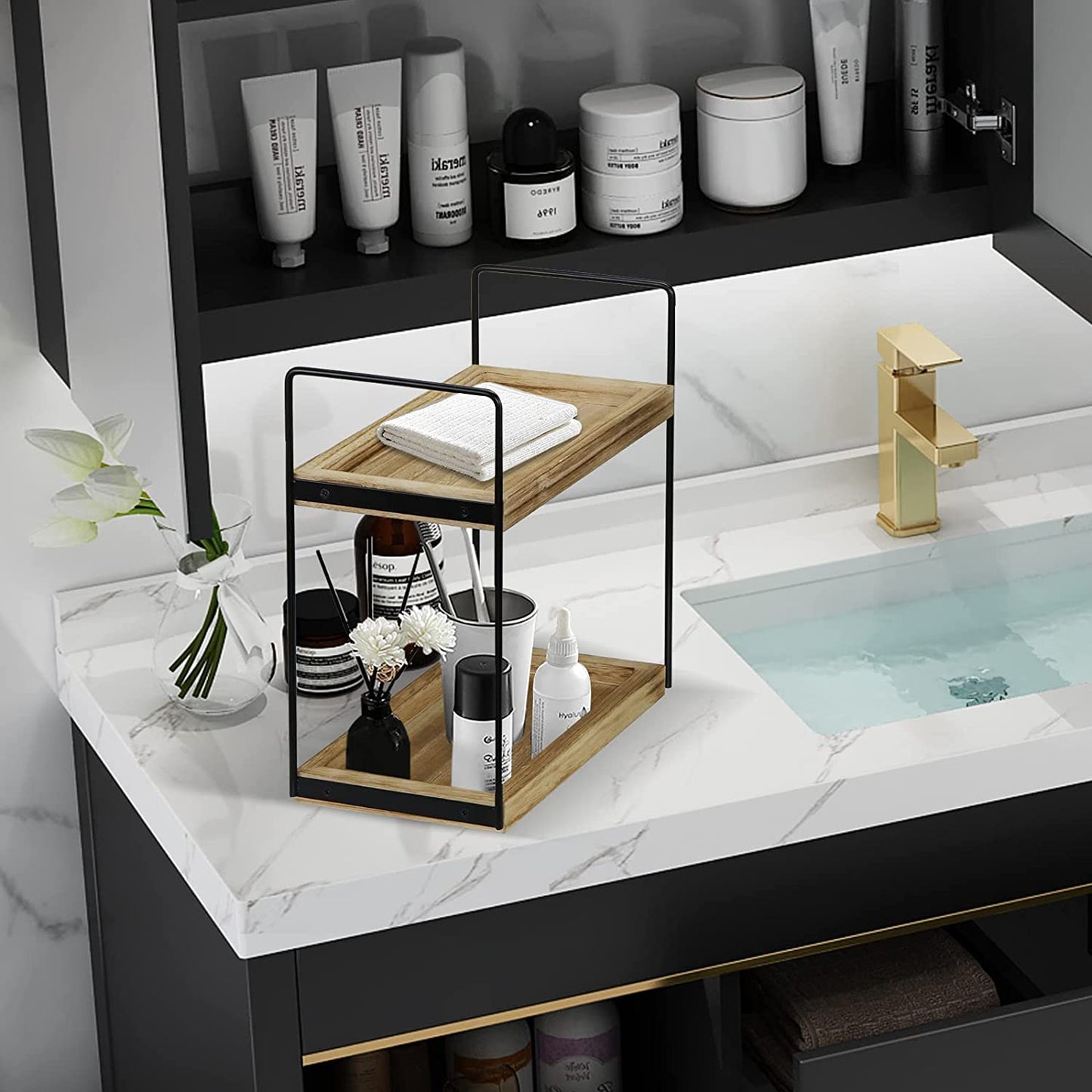 2-Tier Bathroom Organizer Cuntertop, Wood Bathroom Counter Organzier and Storage Shelf, Vanity Organizer Bathroom Counter Tray Cosmetic Makeup Shelf, Kitchen Counter Organizers Spice Rack