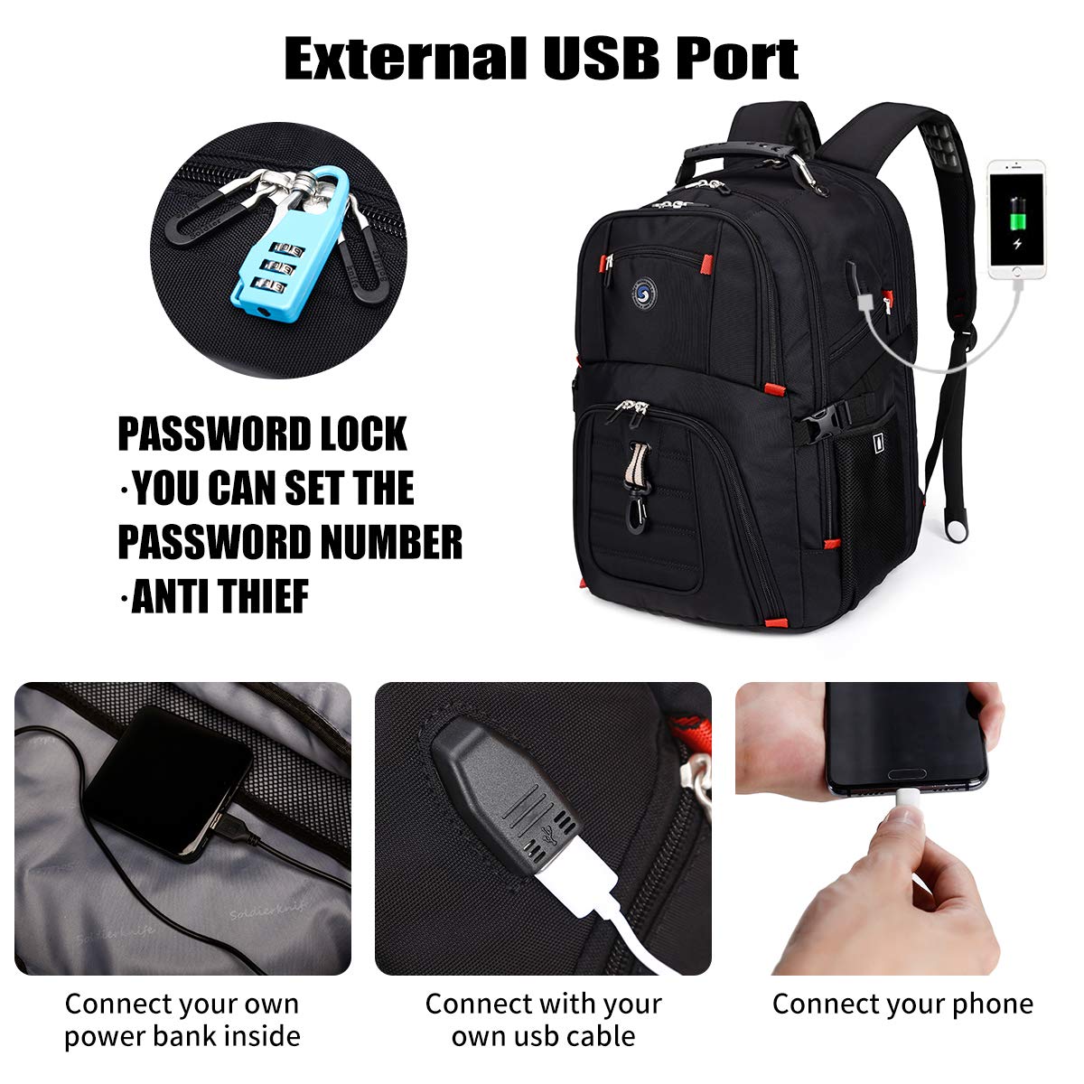 Extra Large 52L Travel Laptop Backpack with USB Charging Port Fit 17 Inch Laptops for Men Women