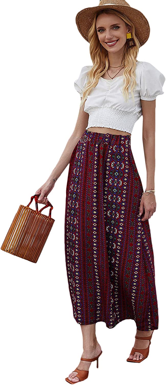 Women's Boho Elastic Waist Scarf Print Pleated Midi Skirt