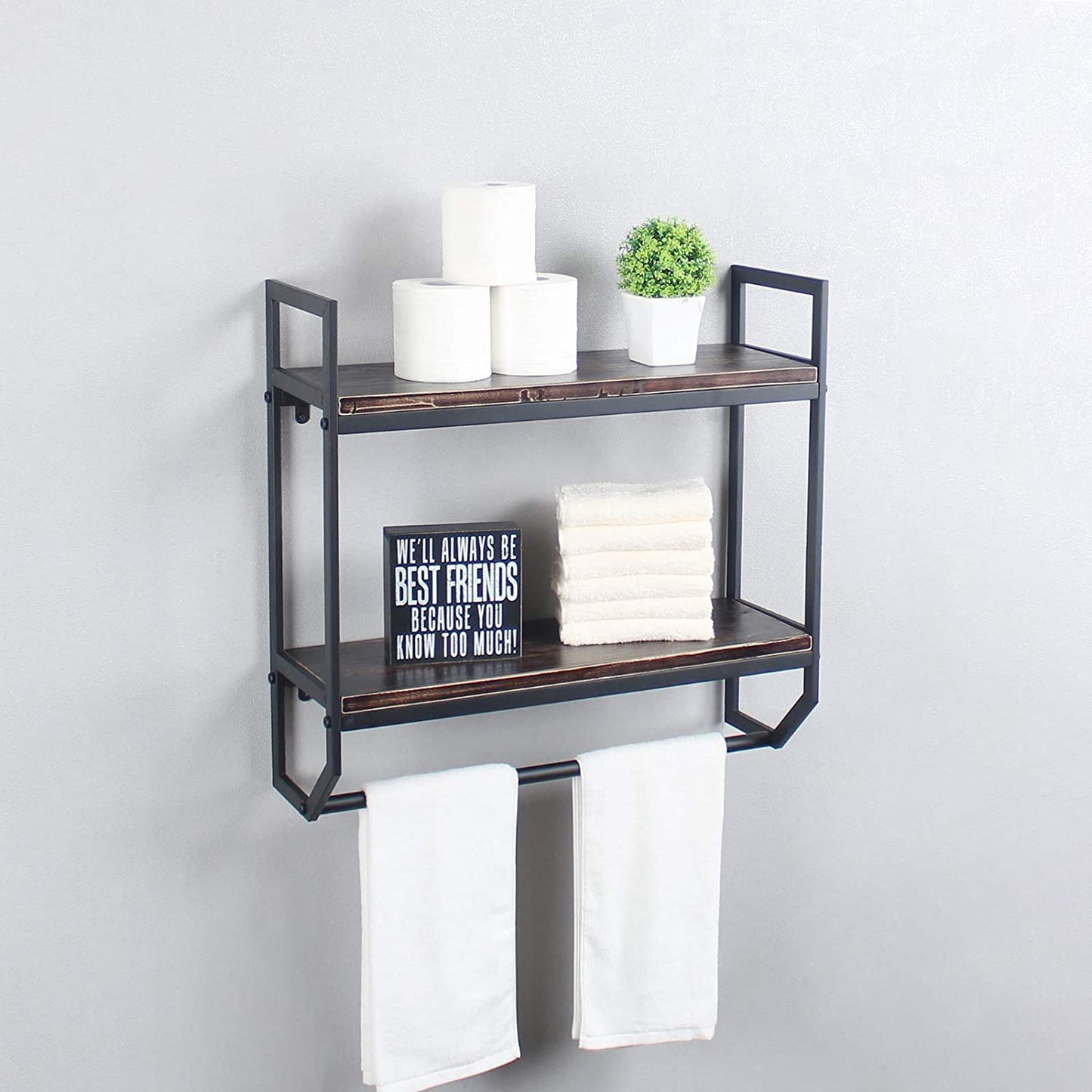 2-Tier Metal Industrial 23.6" Bathroom Shelves Wall Mounted,Rustic Wall Shelf Over Toilet,Towel Rack with Towel Bar,Utility Storage Shelf Rack,Floating Shelves Towel Holder,Black