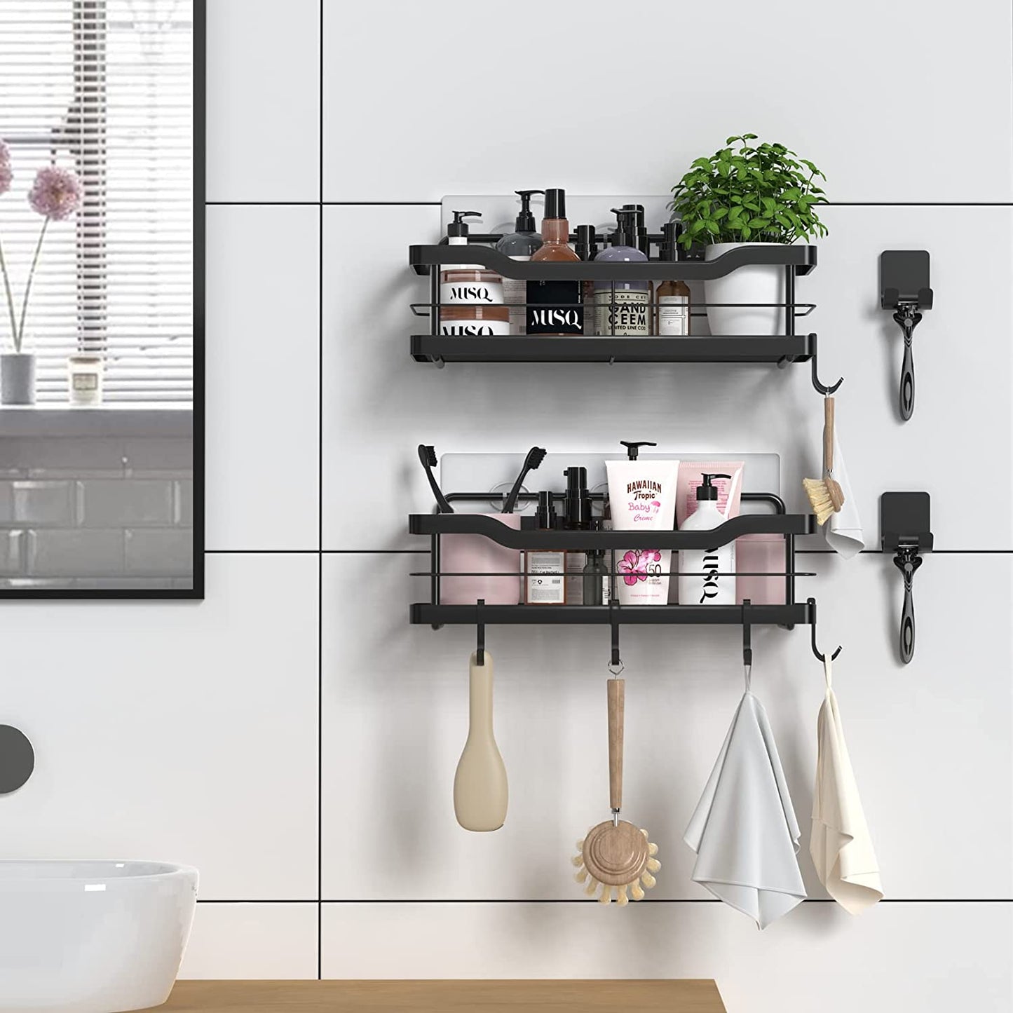 Carwiner Shower Caddy Bathroom Shelf 2-Pack, Basket with 8 Hooks for Hanging Shampoo Conditioner, SUS304 Stainless Steel Rack Wall Mounted Storage Organizer for Kitchen, No Drilling (Black)