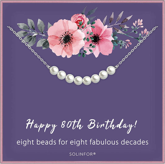 80th Birthday Gifts for Women - Sterling Silver Necklace Eight Pearls for Her 8 Decades - 80 Years Old Jewelry Gift Idea