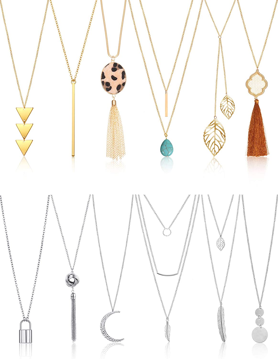 12 Pieces Long Pendant Necklace Set Y Tassel Leaf Circle Bar Necklace for Women