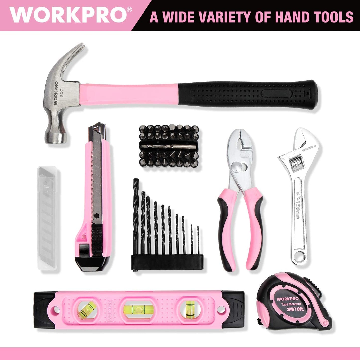 12V Pink Cordless Drill Driver and Home Tool Kit, 61-Piece Hand Tool Set for DIY, Home Maintenance, 14-inch Storage Bag Included - Pink Ribbon