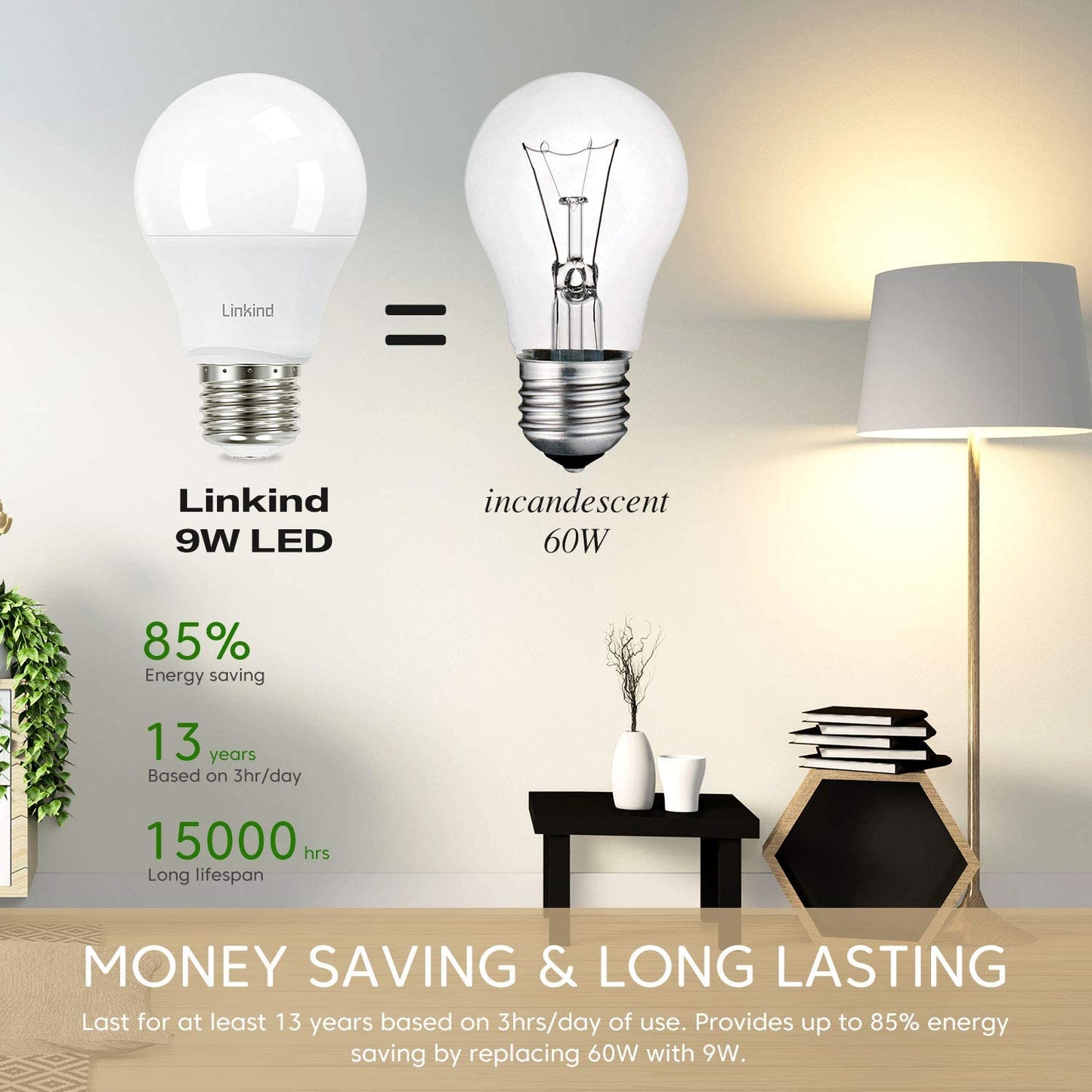 60W Equivalent, Linkind A19 LED Light Bulb, 9W 2700K Soft White, 800 Lumens, E26 Base Non-Dimmable LED Light Bulb, Standard Replacement, UL Listed, 6-Pack