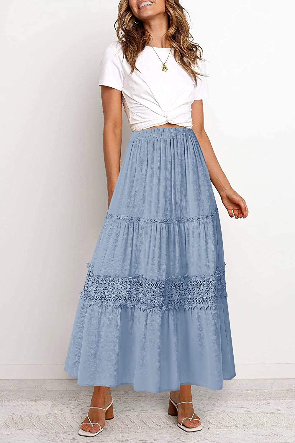 Women's Boho Elastic High Waist Pleated A-line Ruffle Lace Trim Tiered Midi Maxi Skirt with Pockets