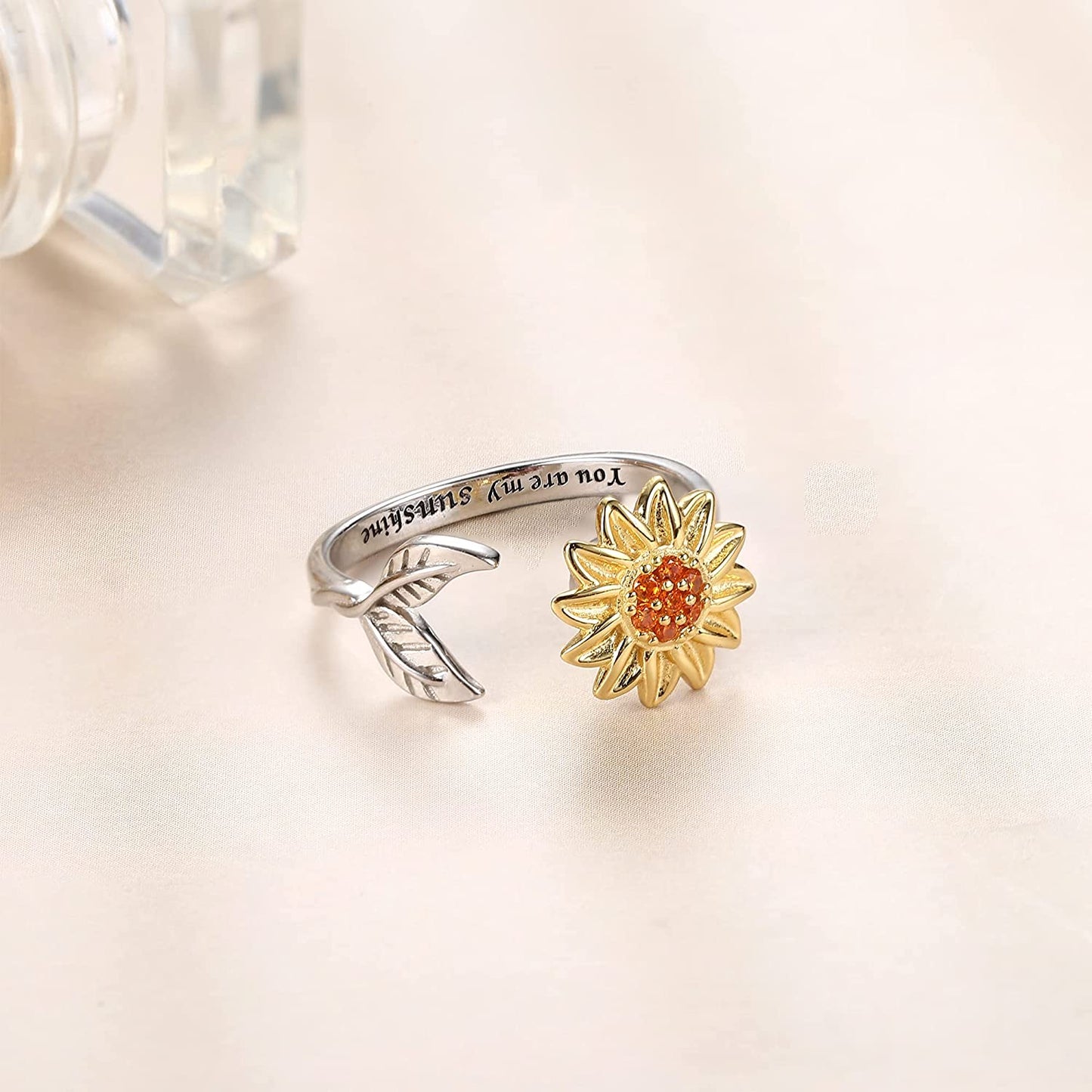 Jewenova Sterling Silver Fidget Ring for Women Sunflower Spinner Ring You are My Sunshine Ring Open Adjustable Ring CZ Ring Heart Star Daisy Stress Relieving Ring Christmas Jewelry Gift Women Girl