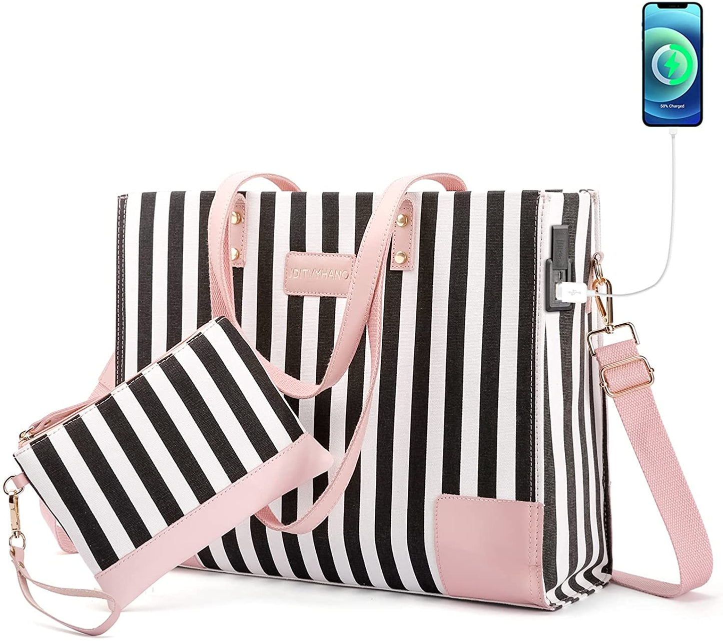 15.6'' Laptop Bag for Women - Set of 2 Shock Absorbent Computer Briefcase Genuine Leather Canvas Messenger Bag with USB