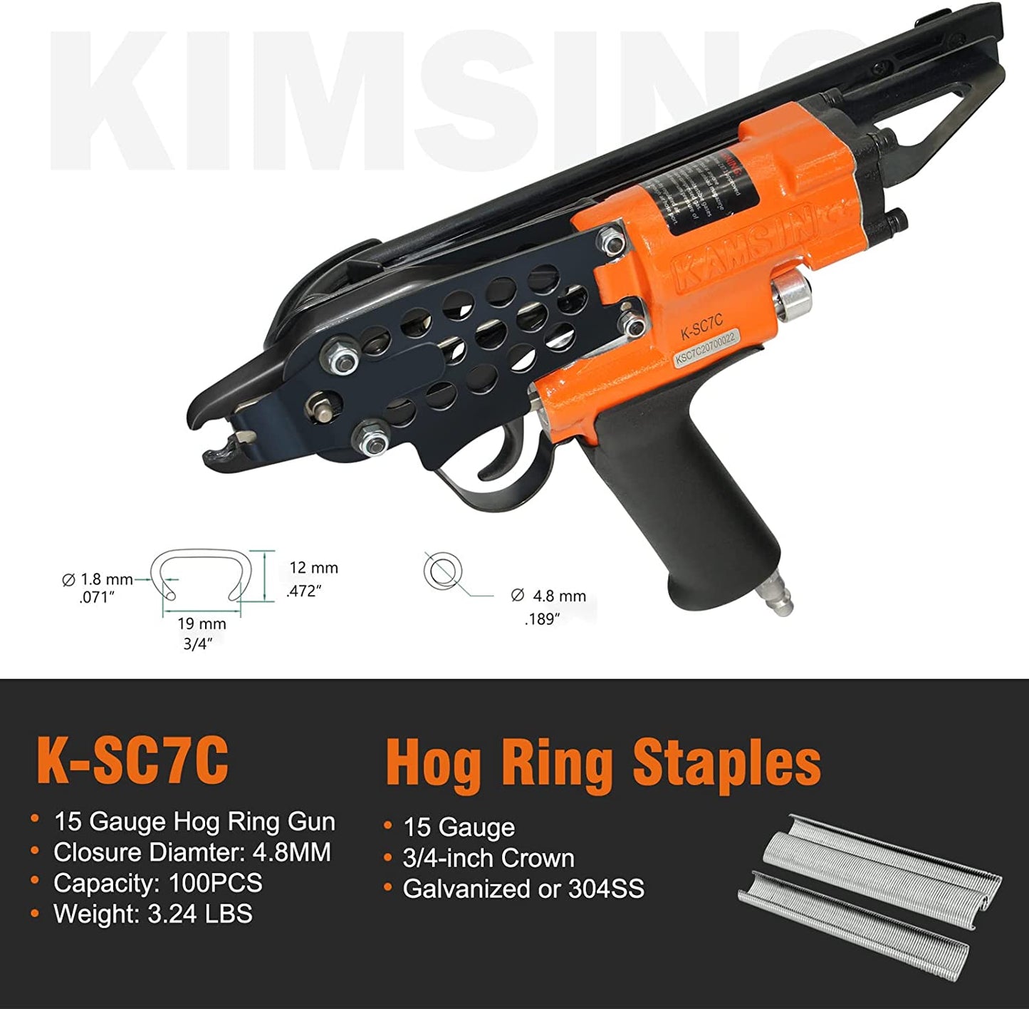 15 Gauge Pneumatic C Ring Staple Gun Kit with 1000 PCS Staples 3/4-Inch Crown 4.8mm Closure Diameter Hog Ring Stapler Air Power Hog Ring Plier Hog Ring Staple Gun C Ring Stapler