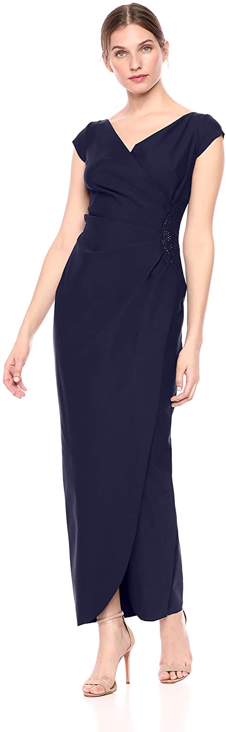 Evenings Women's Slimming Long Cap Sleeve Dress with Side Beaded Detail