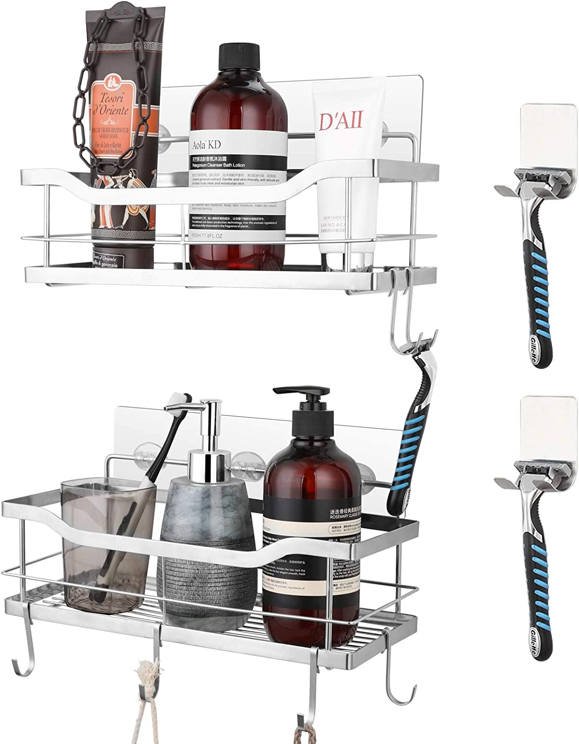 NearMoon Adhesive Shower Caddy Basket Shelf with Hooks, No Drilling Bathroom Organizer Shelf, SUS 304 Stainless Steel 2-in-1 Kitchen Spice Racks- Wall Mounted Storage Basket, 2 Pack (Brushed Nickel)