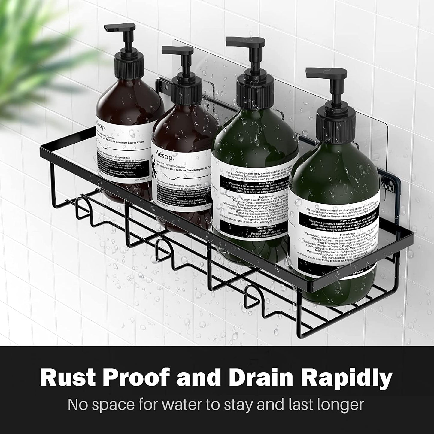Shower Caddy Shelf with Hooks Storage Rack Organizer ,Can be wall-mounted without holes for Bathroom, Washroom, Restroom, Shower, Toilet, Kitchen - 4-Pack(Matte Black)