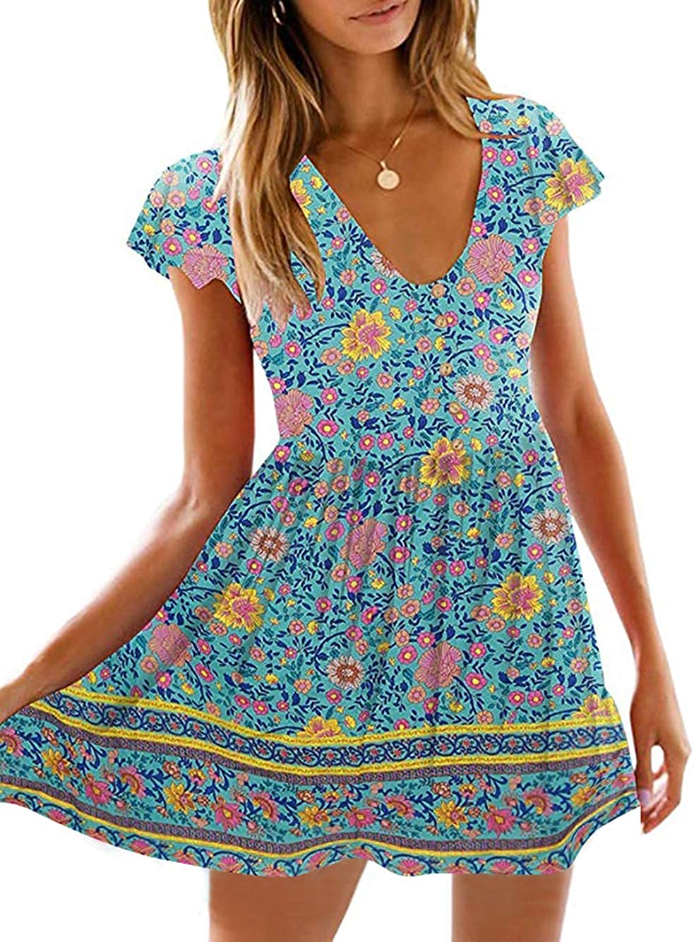 Women’s Summer Hot Short Sleeve V-Neck High Waist Floral Print Mini Boho Sun Dress with Button