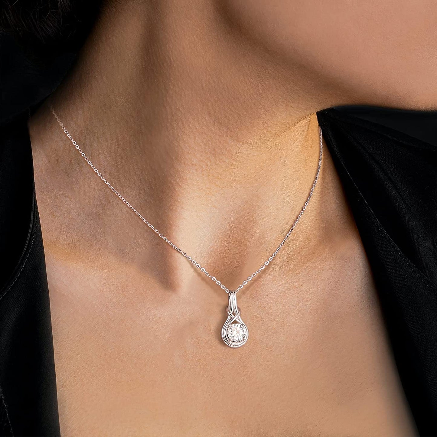 Moissanite Pendant Necklace: 1 Carat Round Cut Moissanite Solitaire Diamond Necklace with White Gold Plated Chain - Trendy Infinity Knot Gem Jewelry for Women Girl