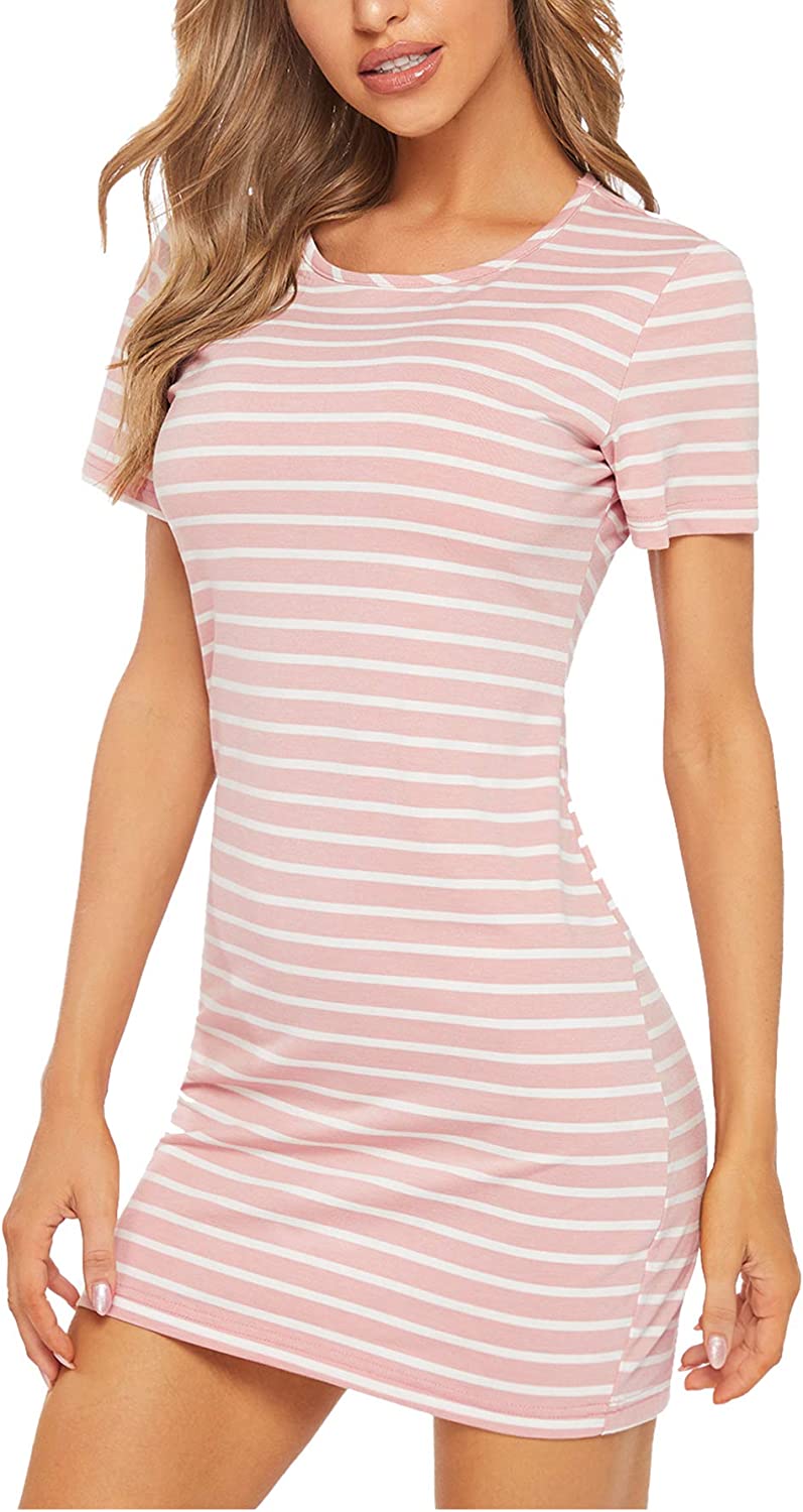 Women's Casual Short Sleeve Striped Bodycon T Shirt Short Mini Dress