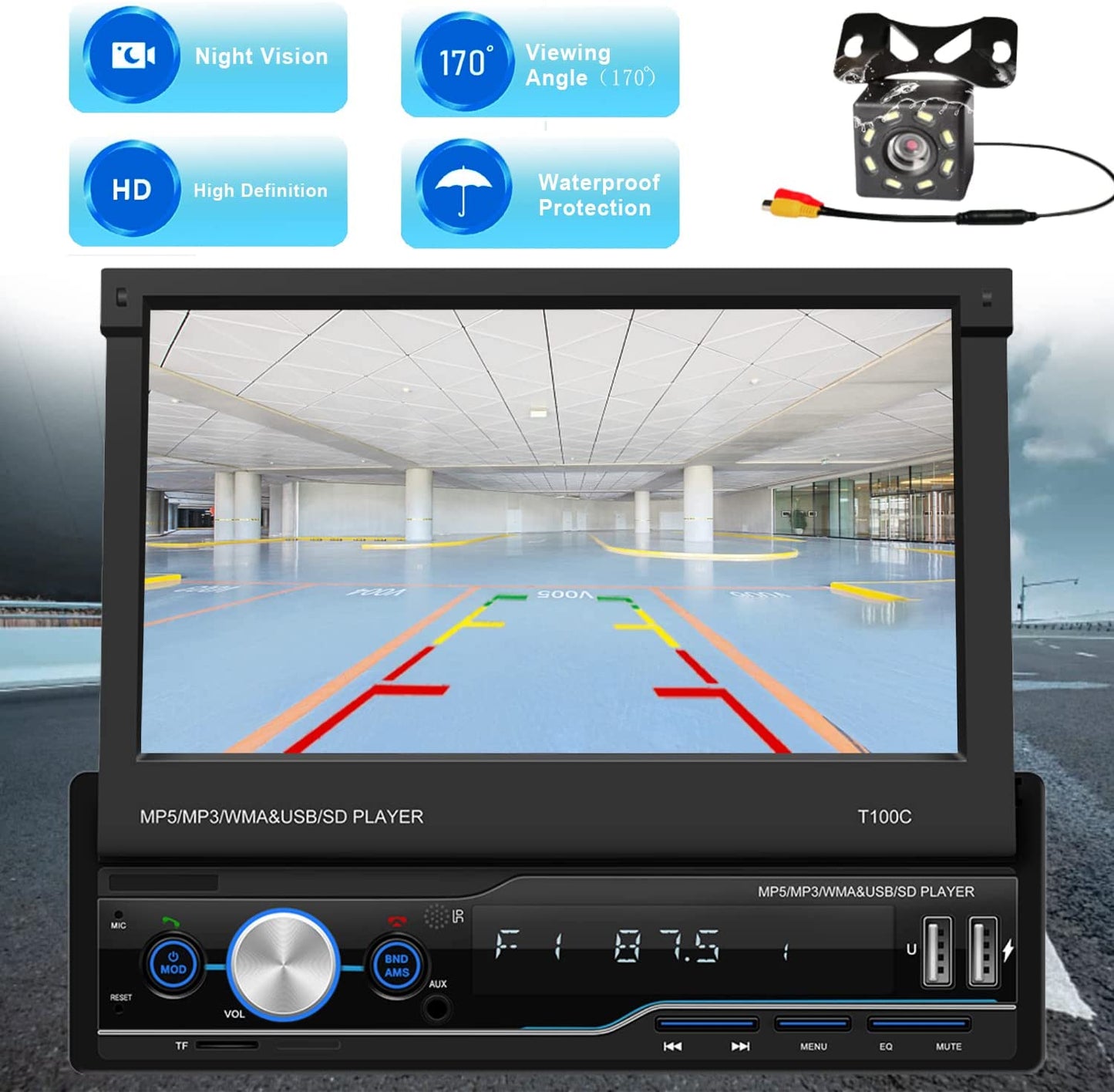 Car Radio Single Din with Flip Out Touch Screen,Car Stereo Apple Carplay,FM AM Car Radio Backup Camera, Hand-Free Calling,Apple Car Play Stereo,Fast Charging,EQ/USB Port/AUX/Mirror Link