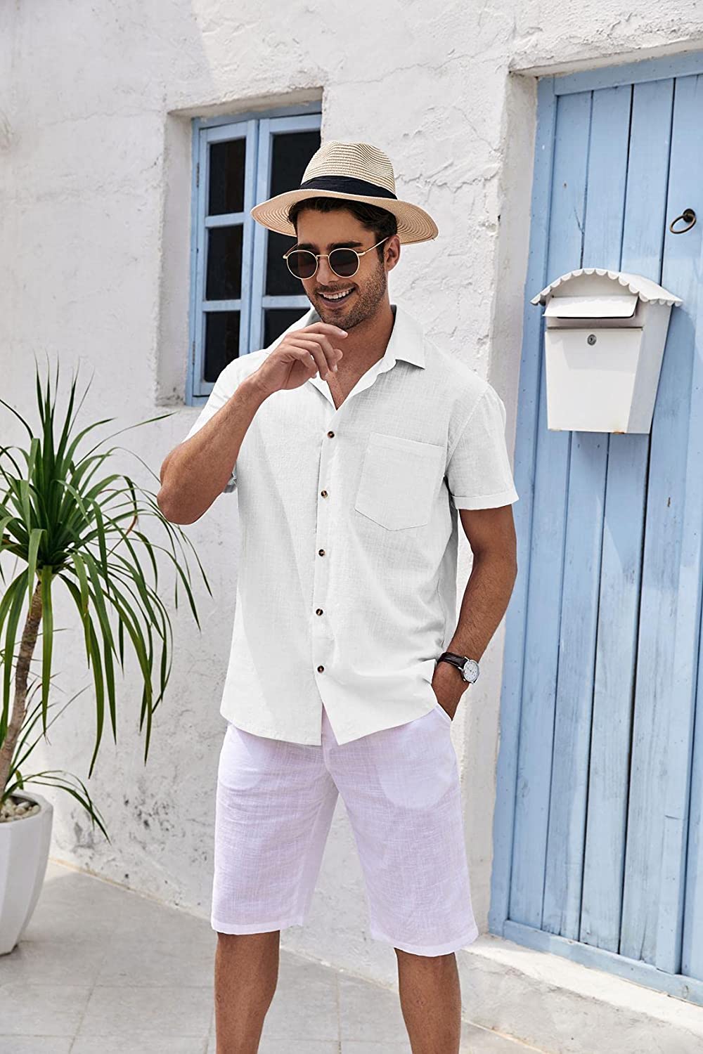 Mens Short Sleeve Button Up Shirts Linen Cotton Beach Tops Spread Collar Plain Summer T Shirt with Pocket