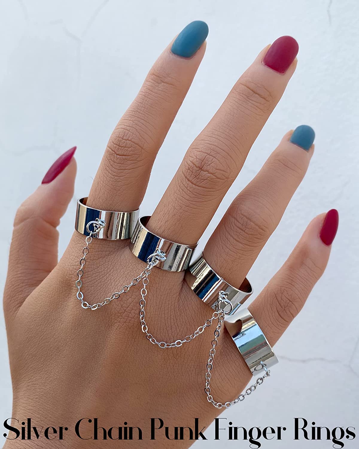 Vintage Silver Chain Punk Finger Rings for Men Women Girls,Cool Gothic Hip Pop Adjustable Full Four Open Rings,Statement Stackable Rings Set,Skull Snake Butterfly Flower Heart Eboy Emo Y2K Ring Set