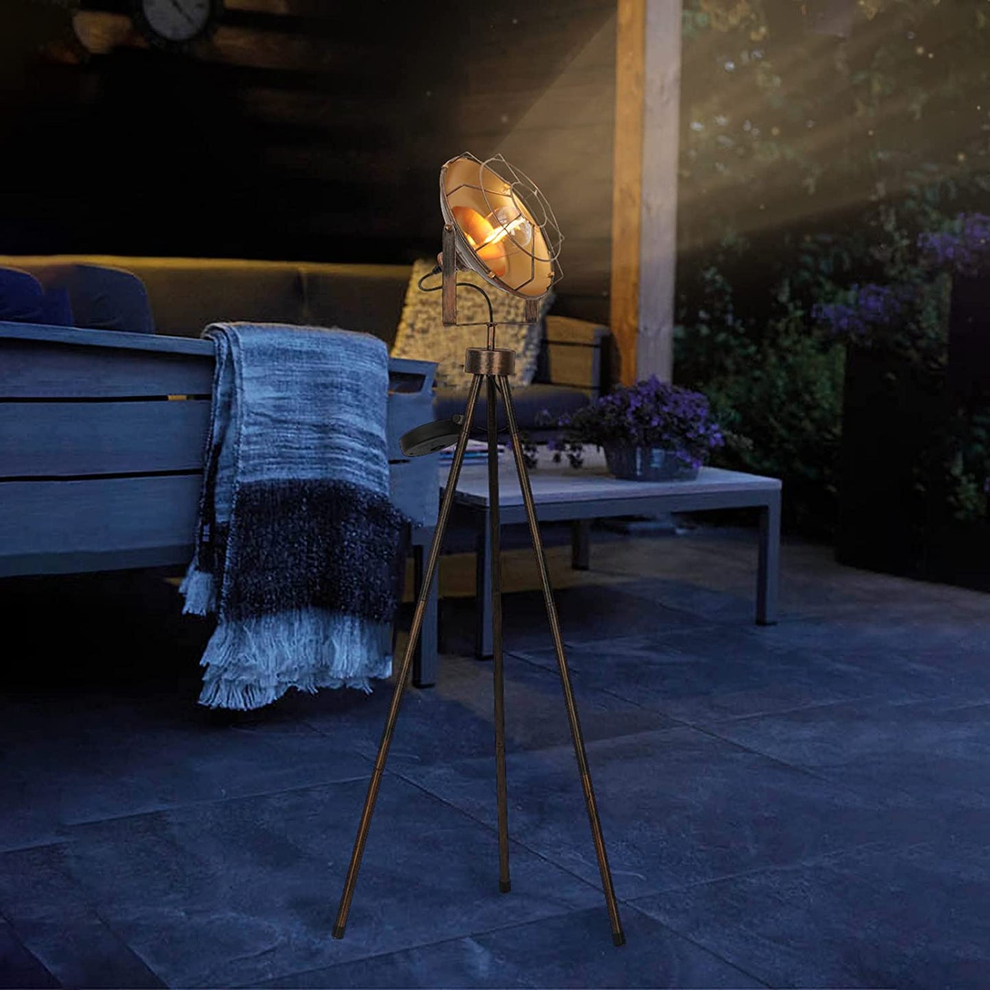 Solar Powered Outdoor Lights Decorative, Solar Pathway Lights Industrial Tripod Floor Lamp Spotlight Standing Solar Powered Lantern with Metal Legs Decor for Garden, Patio, Desk Edison Bulb Included