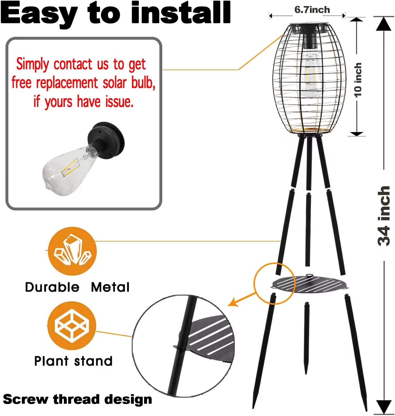 Metal Solar Floor Lamps Outdoor Lights, Waterproof Solar Lantern for Patio Deck Lawn Yard Garden Porch Decor