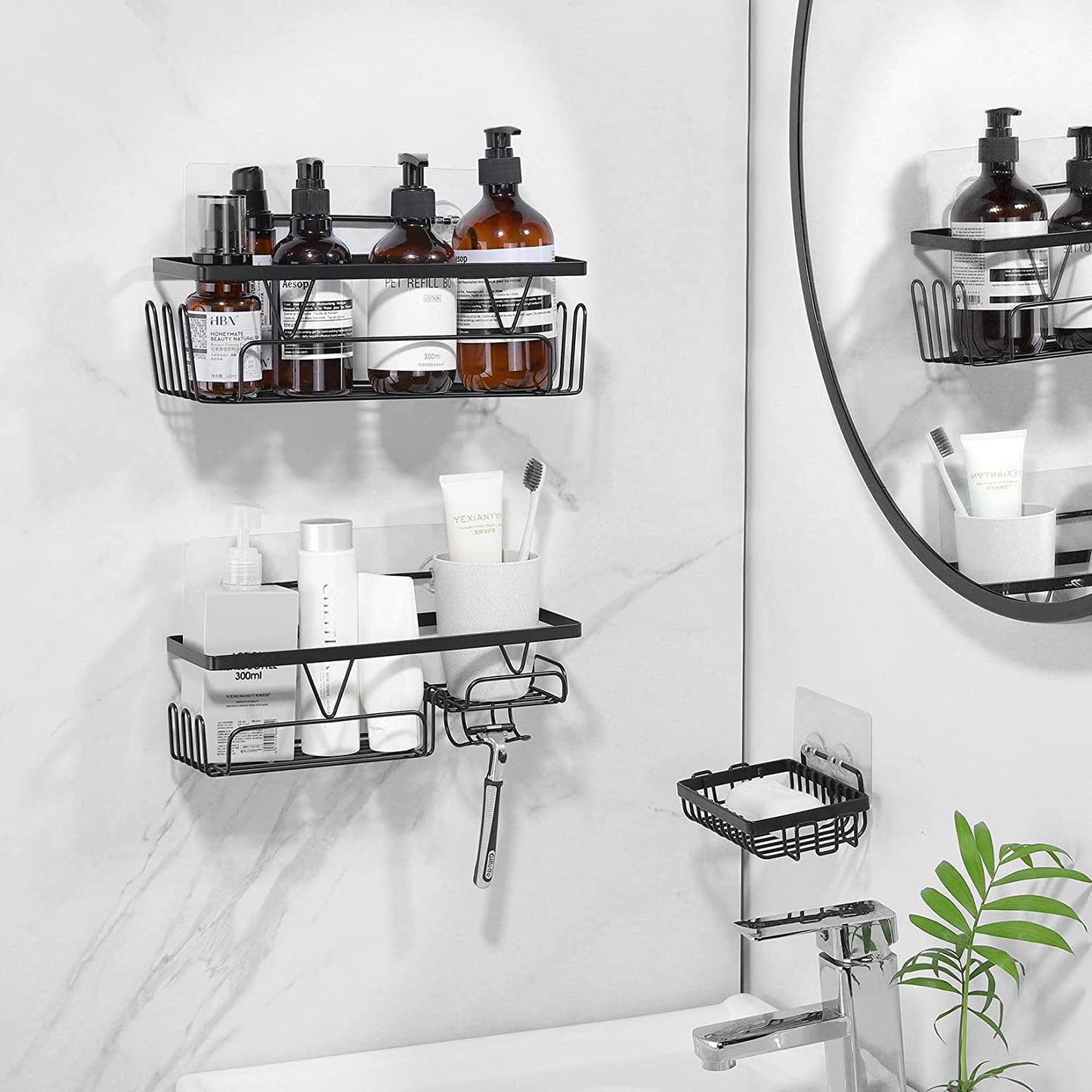 3 Pack Adhesive Shower Caddy Shelf Organizer with Soap Holder, Black Shower Wall Rack Storage Shampoo Holder Bathroom Organizer No Drilling for Kitchen, RV, Apartment Essentials