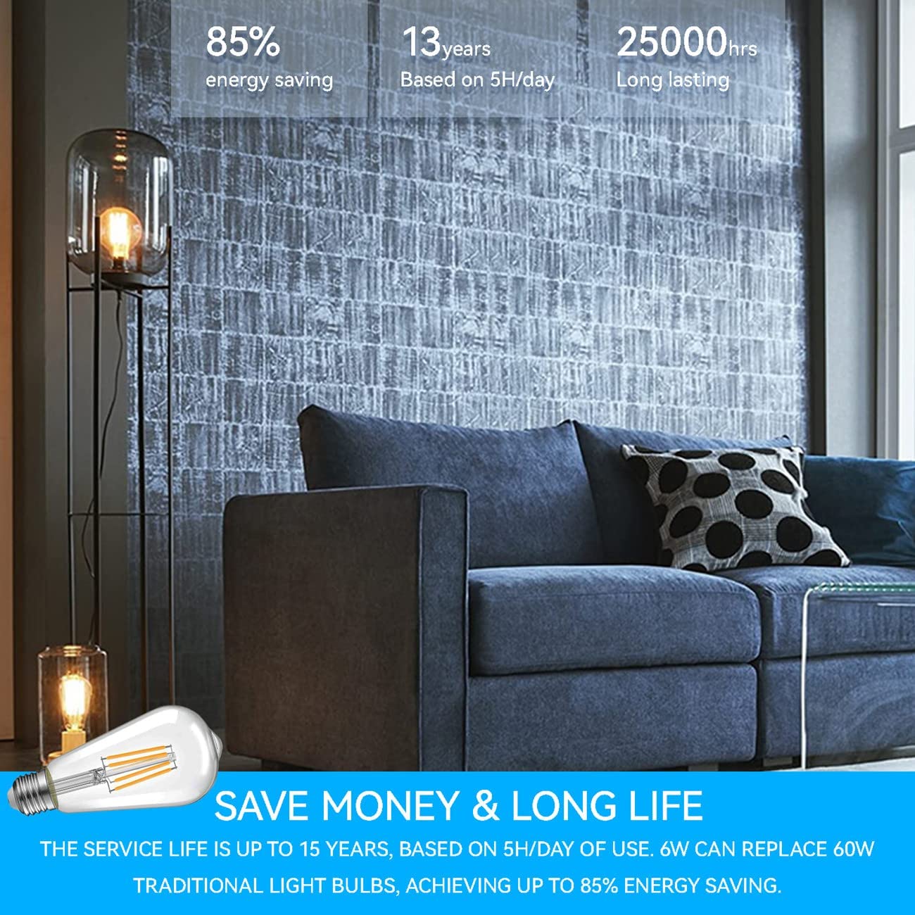 Light Bulbs Edison LED 7W 60 watt Equivalent 800 Lumen 2700K Warm White CRI90+ Standard E26 Screw Base ST58 Old Style Filament Bulb 6 Pack