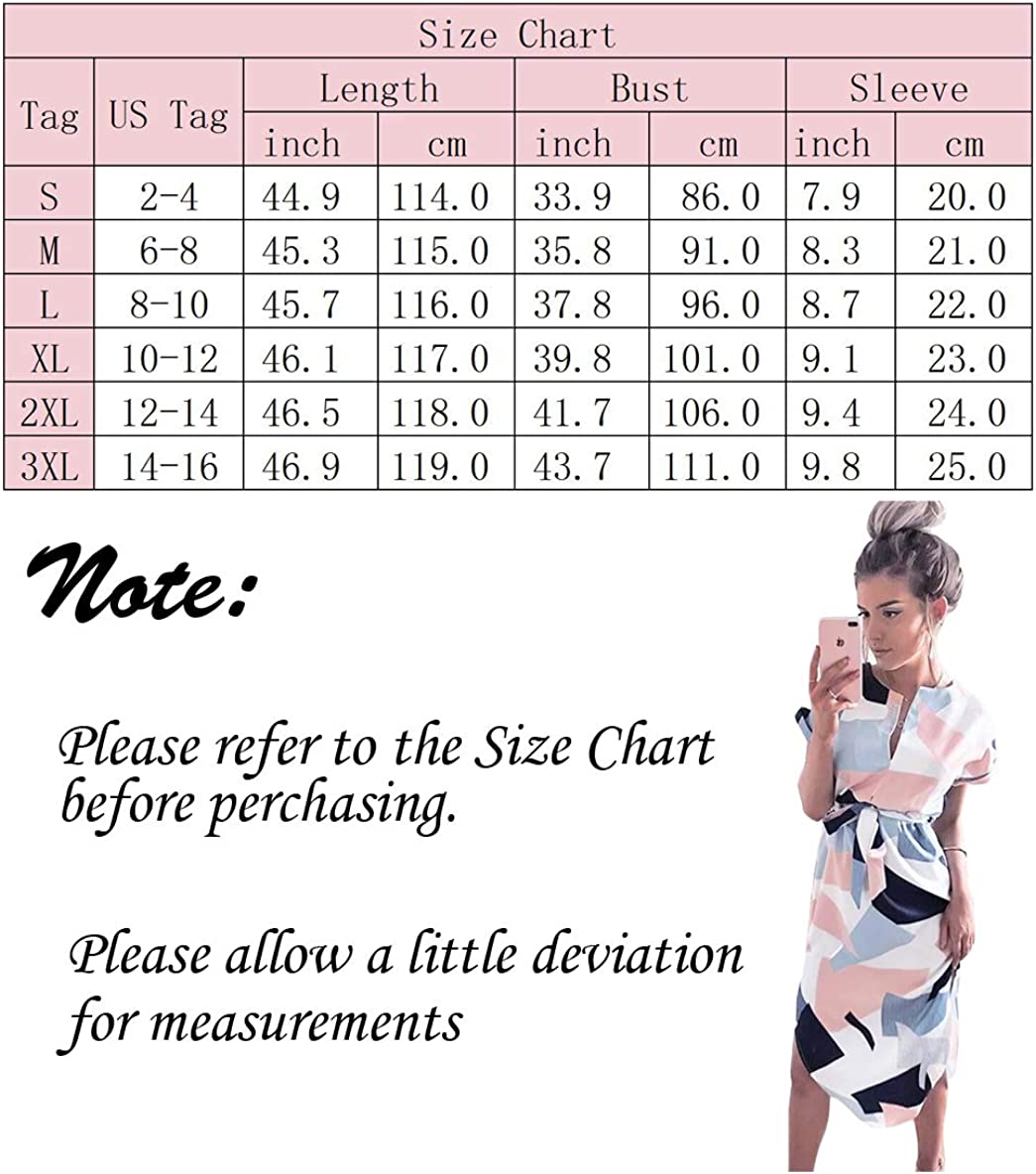 Womens Midi Dresses Summer V-Neck Short Sleeve Casual Office Geometric Belted Dress