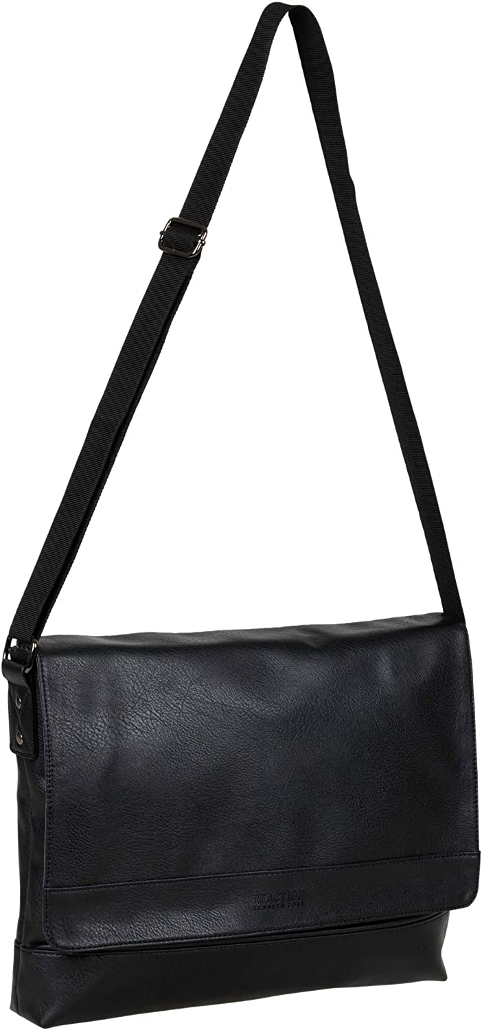 Kenneth Cole REACTION Grand Central Vegan Leather Bag Laptop & Tablet Crossbody Travel Shoulder Case, Black Laptop Messenger, 15"