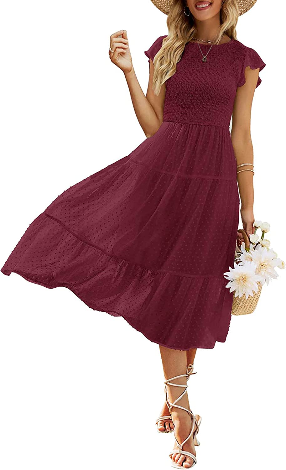 Women's Summer Flutter Short Sleeve Smocked Midi Dress Swiss Dot Flowy Tiered Dresses