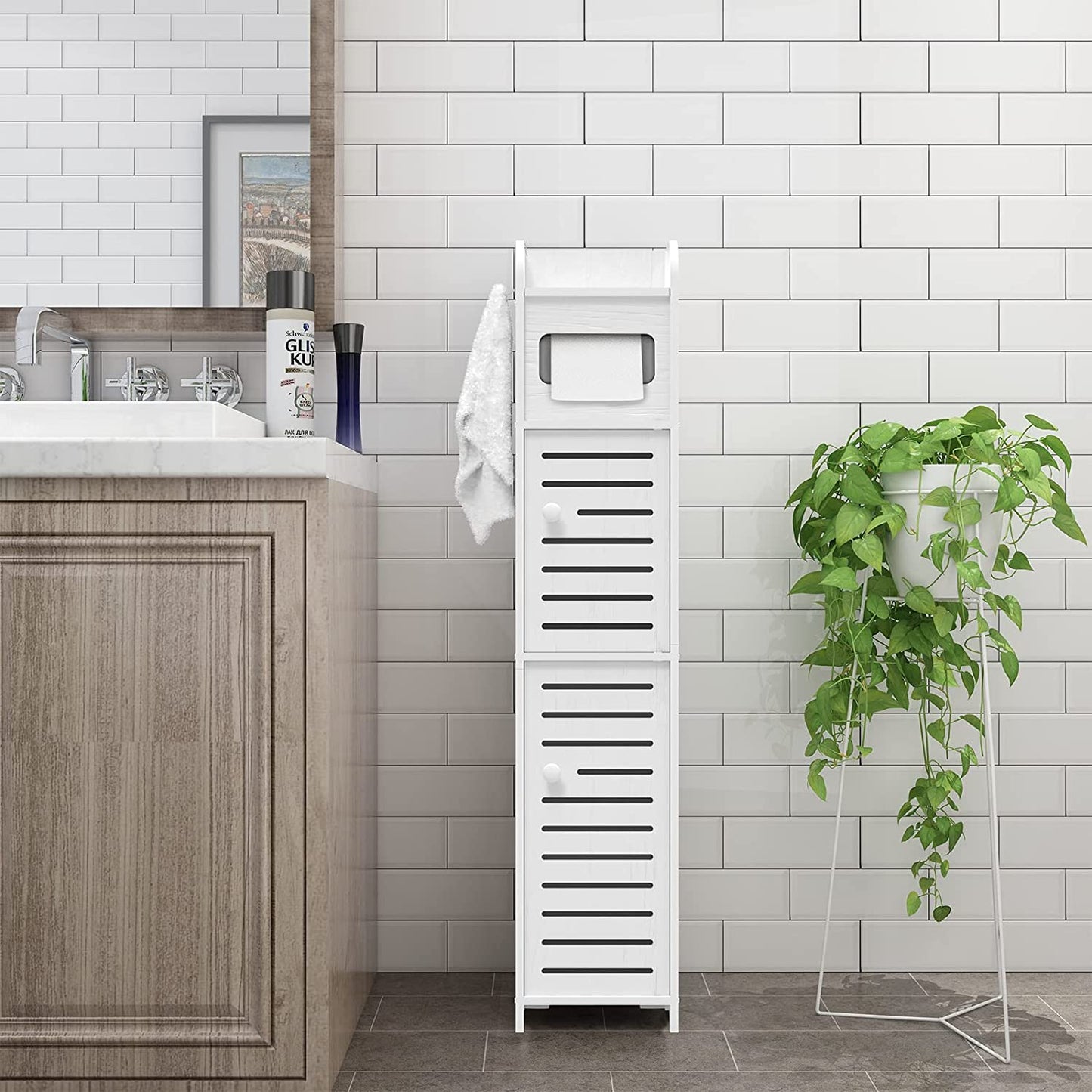 Upgrade Small Bathroom Storage Cabinet with 2 Doors and 2 Shelves, W6.1 x D6.1 x H31.5 Bathroom Organizer, 4 Tier Design Toilet Paper Storage Stand for Small Space and Corner(White)