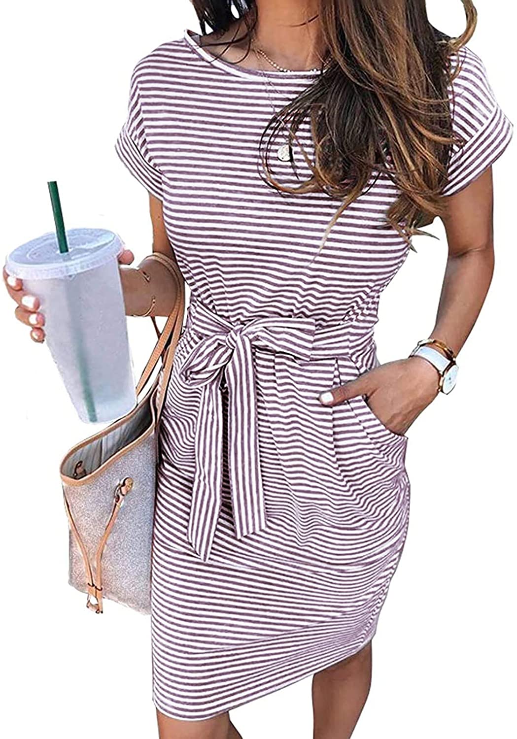 Women's Summer Striped Short Sleeve T Shirt Dress Casual Tie Waist Midi Dress