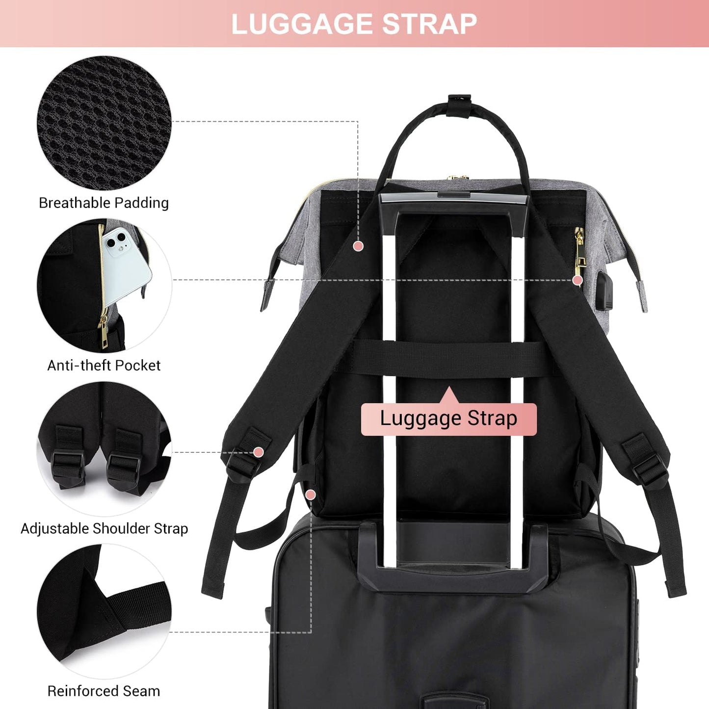 Laptop Backpack Purse for Woman, 17 Inch Computer Business Backpacks Stylish School Bookbag, Teacher Doctor Nurse Bags for Work, Casual Daypack Backpack with USB Port,Grey-Black