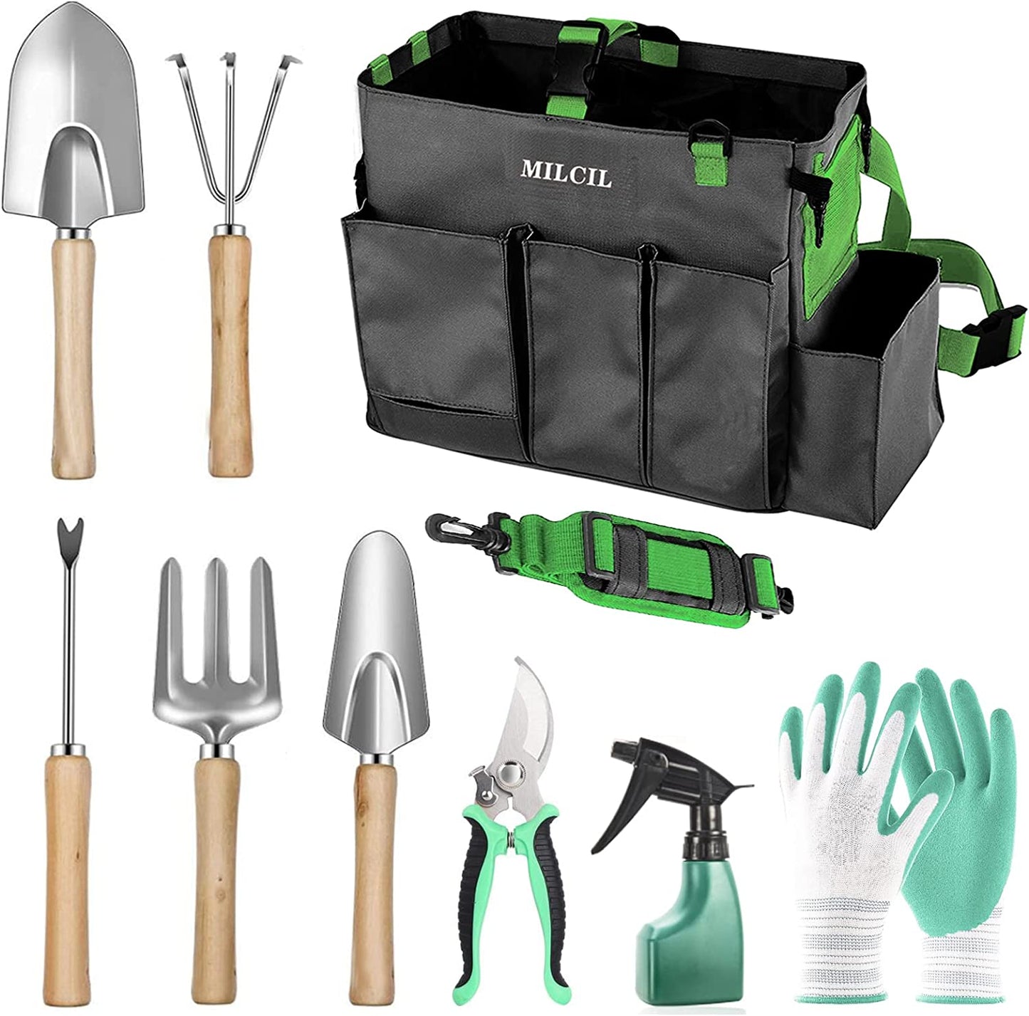 Milcil Garden Tool Set, 16 Piece Stainless Steel Heavy Duty Gardening Tool Set, with Wood Grip, Storage Box, Ideal Garden Tool Kit Gift for Women/Parent/Children