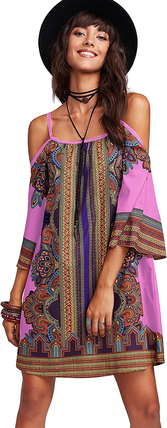 Women's Vintage Print Kimono Sleeve Geometric Tunic Boho Dress
